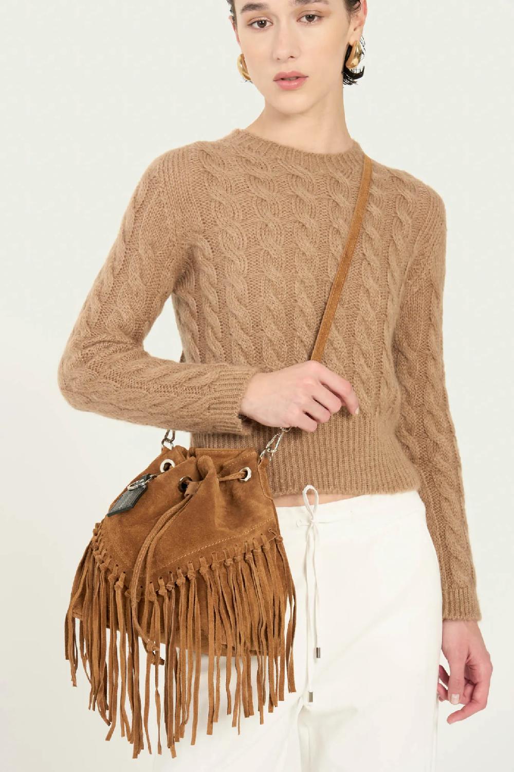 Vicario cinque Borsa a Sacchetto Scamosciata con Frange Stile Boho Chic - Briona Vendite Flash