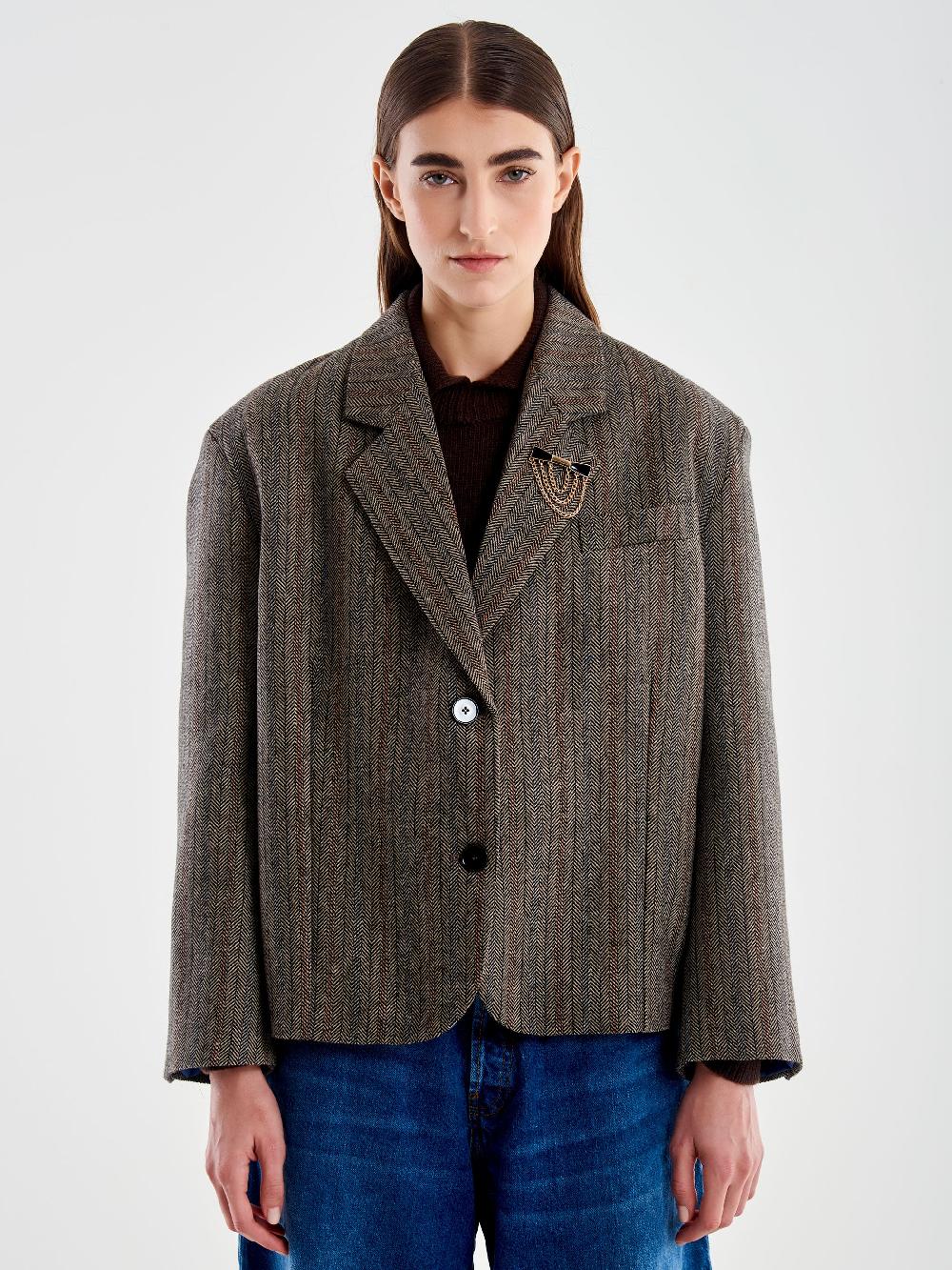 Vicolo Giacca Oversized Cropped Spinato Marrone Saldi