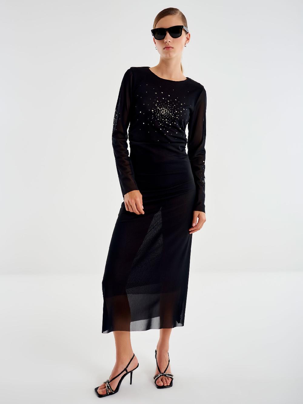 Vicolo Abito lungo in Tulle Trasparente con Strass Nero Promozione