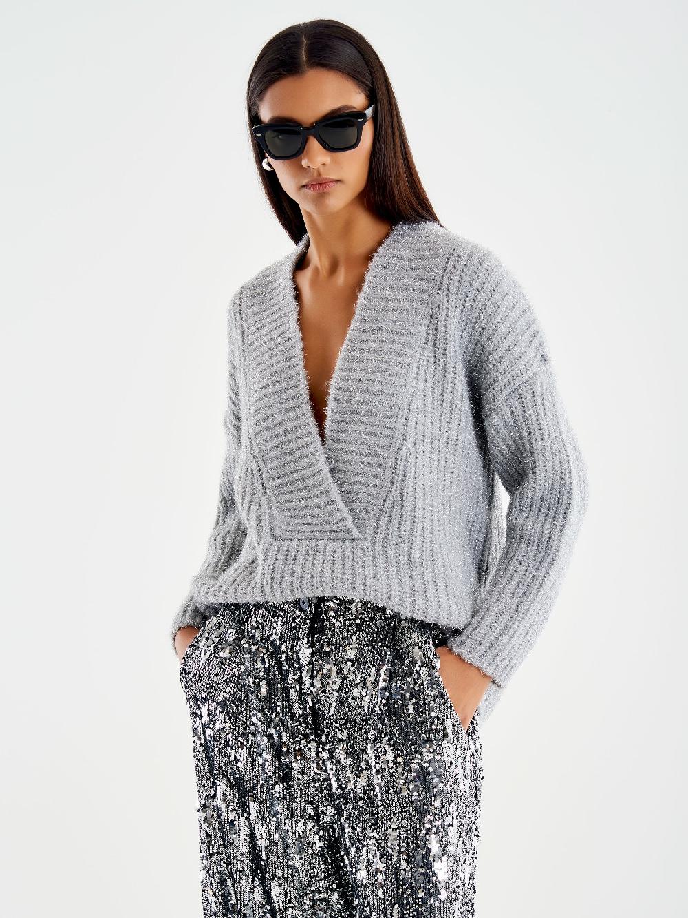 Vicolo Pull Scollo a V Profondo Lurex Grigio Convenienza