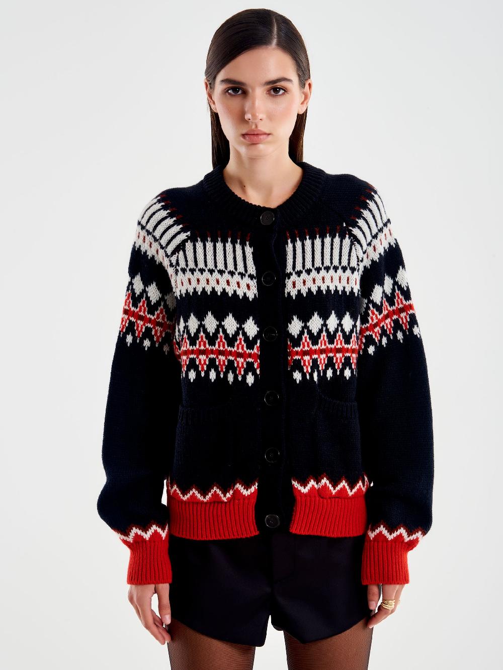 Vicolo Cardigan con Tasche Motivo Jaquard Nero Spedizione Gratuita
