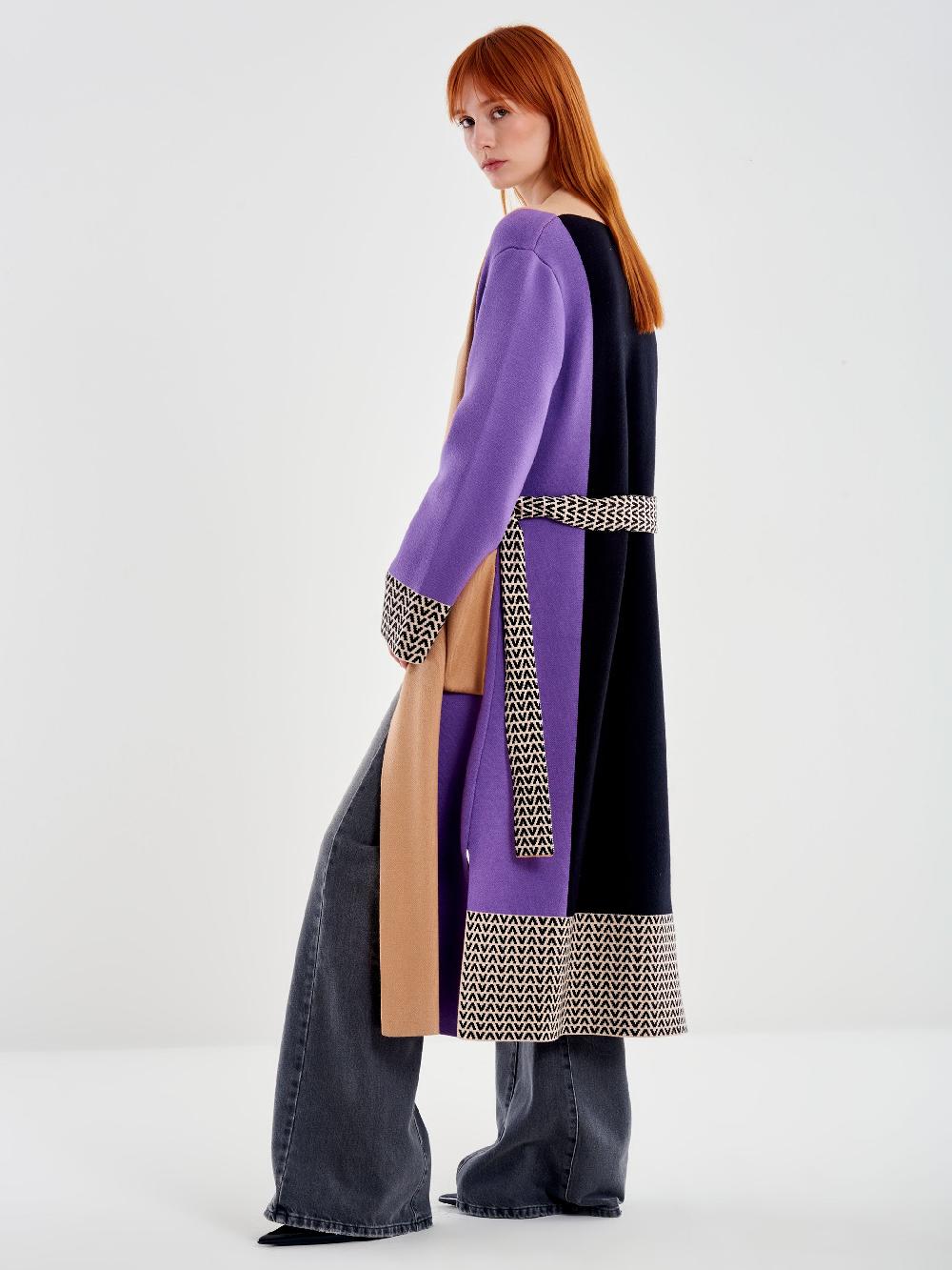 Vicolo Cappotto in Maglia Fantasia Color Block Nero Italia