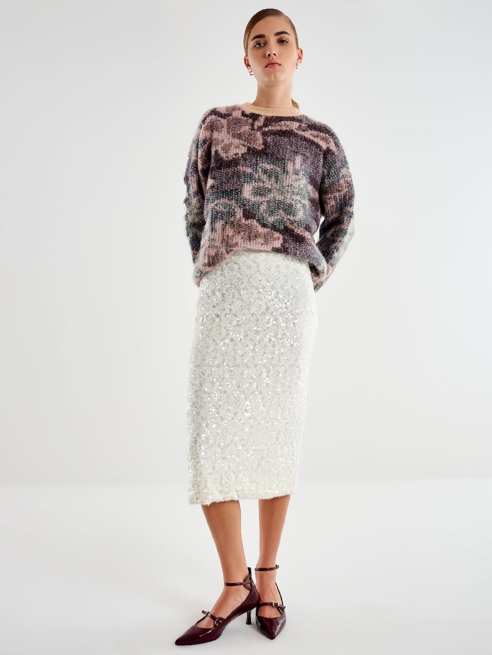 Vicolo Gonna Longuette in Pizzo e Paillettes Bianco Online