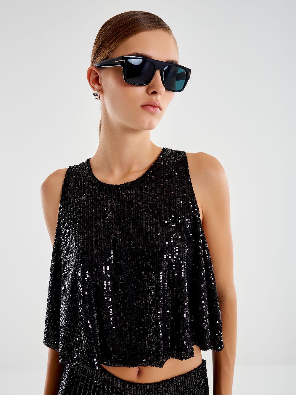Vicolo Top Cropped a Ruota in Paillettes Nero In Linea