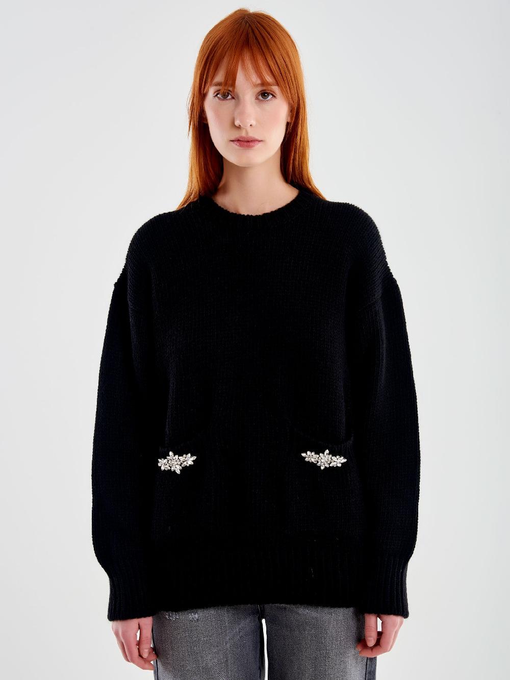 Vicolo Pull Girocollo con Cabochon Tasche Nero In Vendita