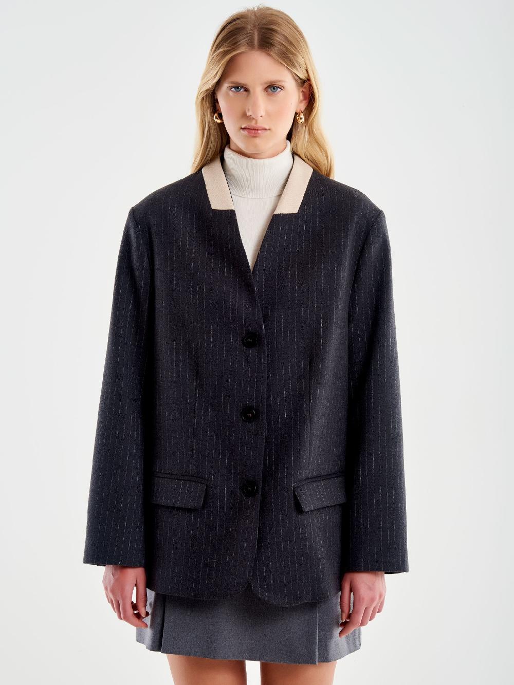 Vicolo Blazer Gessato Senza Revers Grigio Saldi Di Fabbrica