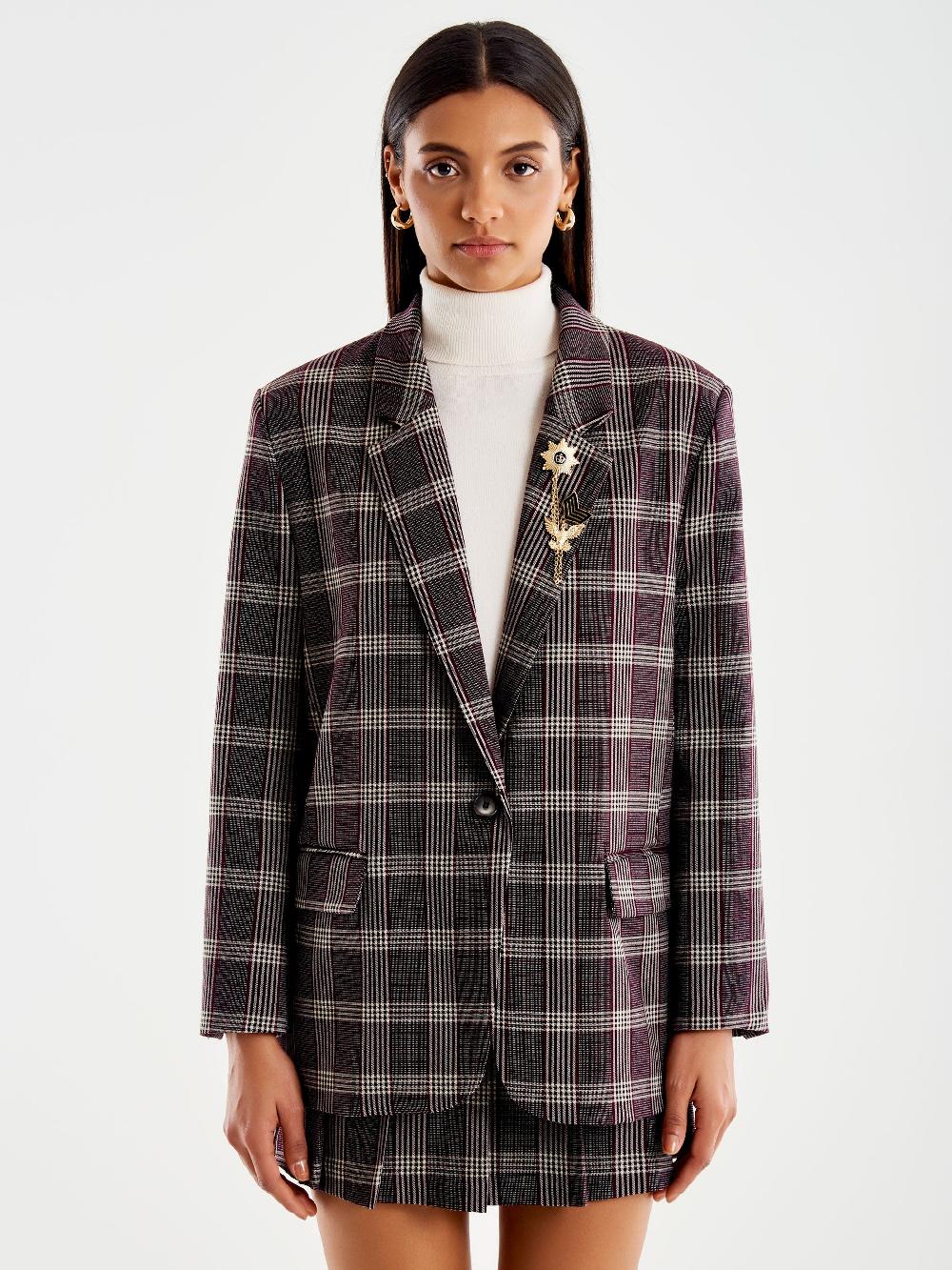 Vicolo Blazer Check Over Monopetto con Spilla Bordeaux In Saldo
