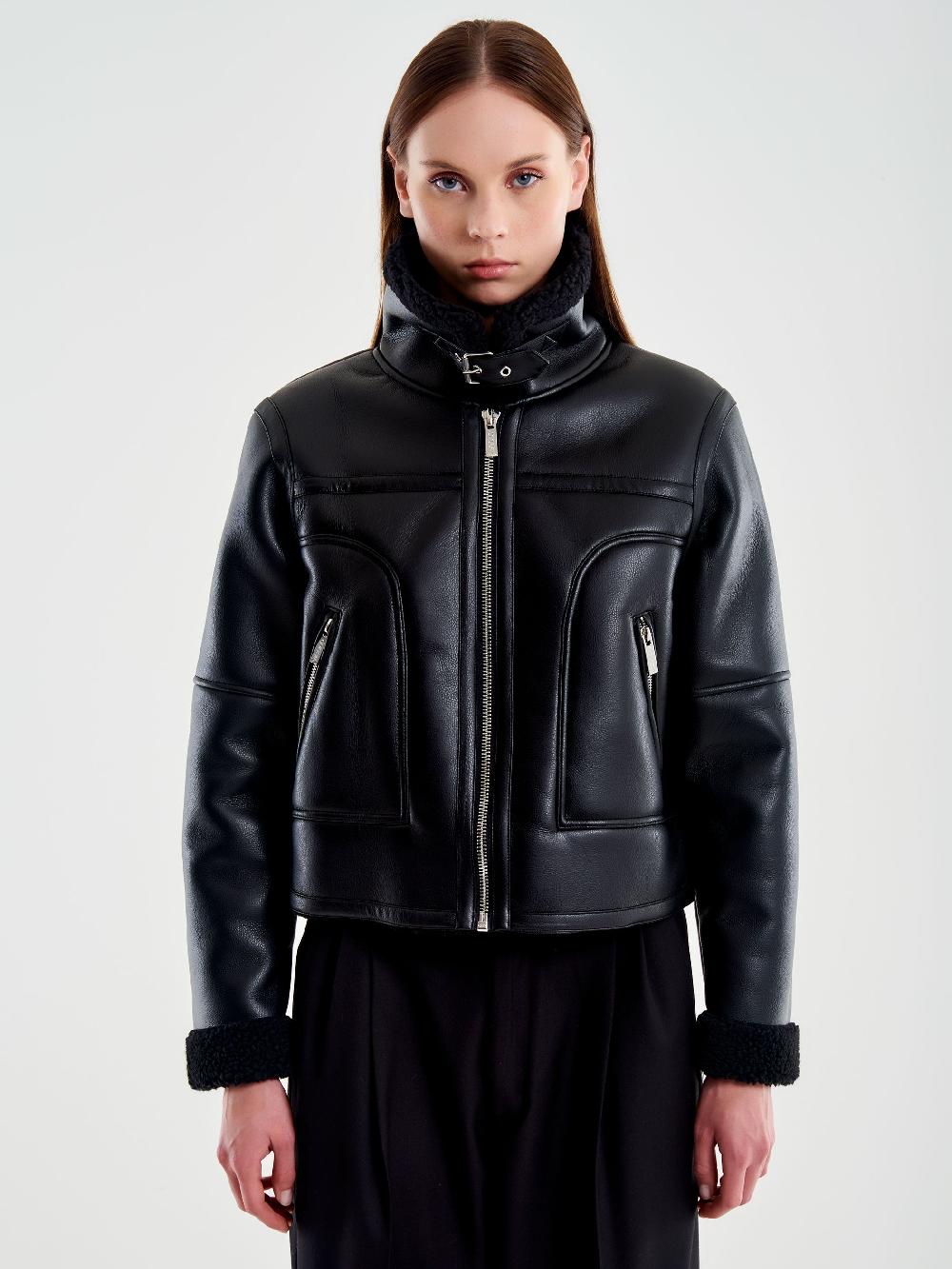 Vicolo Giubbotto Biker Cropped Effetto Pelle Nero Sconto di tempo limitato