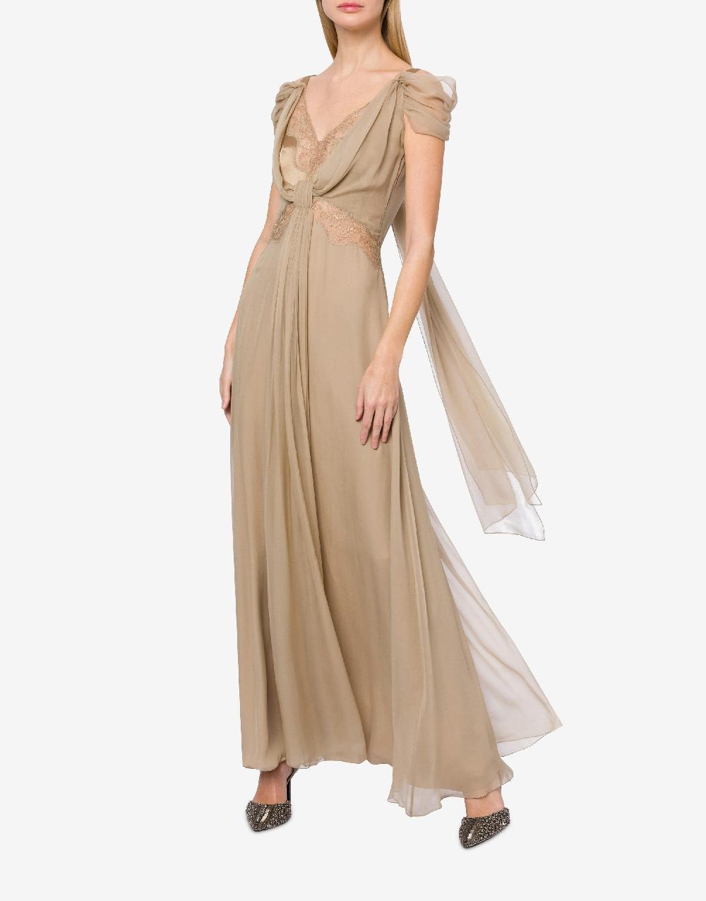 Alberta Ferretti Abito in chiffon con pizzo e drappi Pezzi Unici