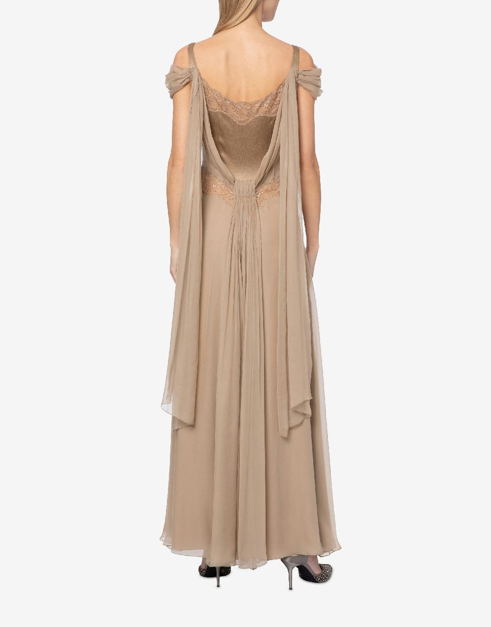 Alberta Ferretti Abito in chiffon con pizzo e drappi Pezzi Unici