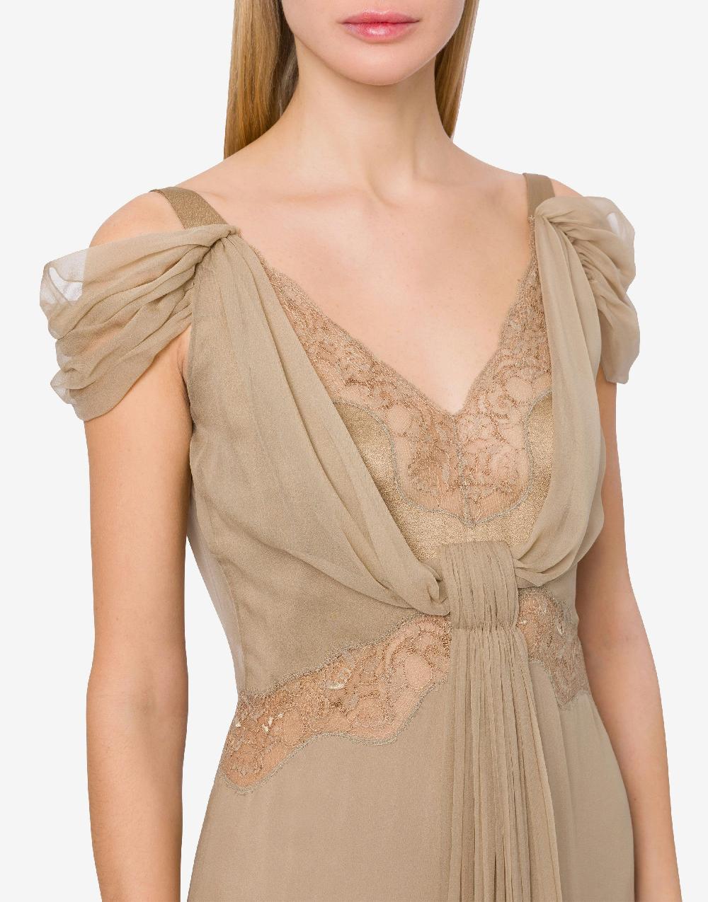 Alberta Ferretti Abito in chiffon con pizzo e drappi Pezzi Unici