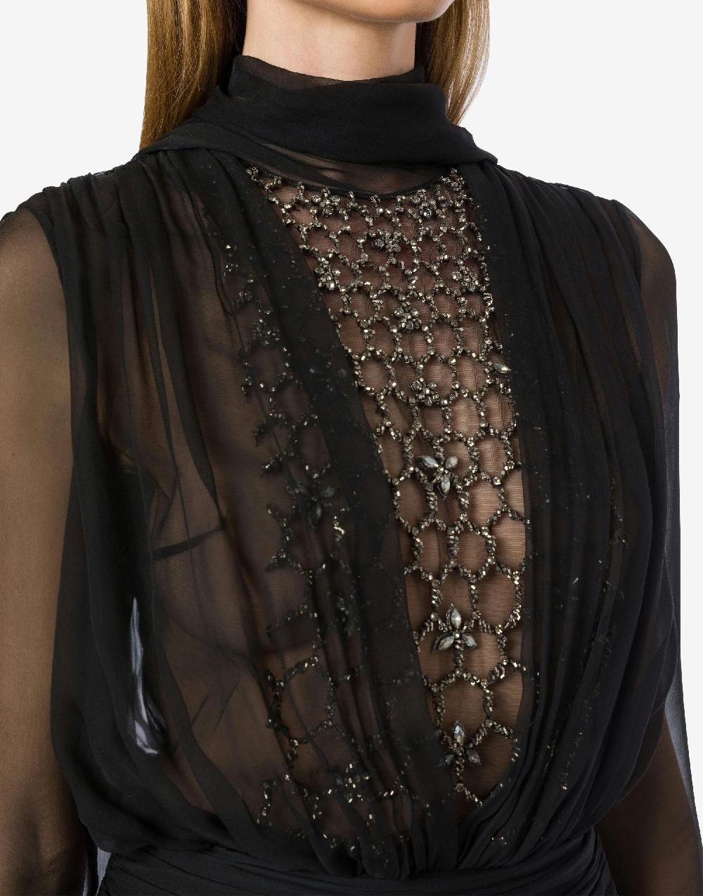 Alberta Ferretti Blusa in chiffon organico con sciarpina e ricamo Nuova