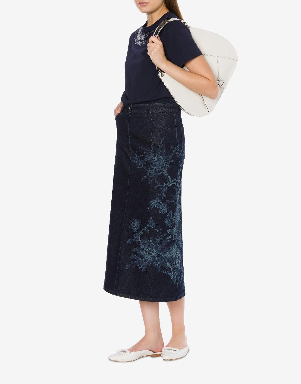 Alberta Ferretti Gonna in denim con disegno ciliegio e farfalle Solo un giorno rimasto