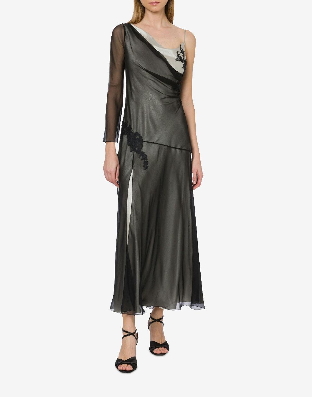 Alberta Ferretti Abito lungo in raso e chiffon con pizzo 2025